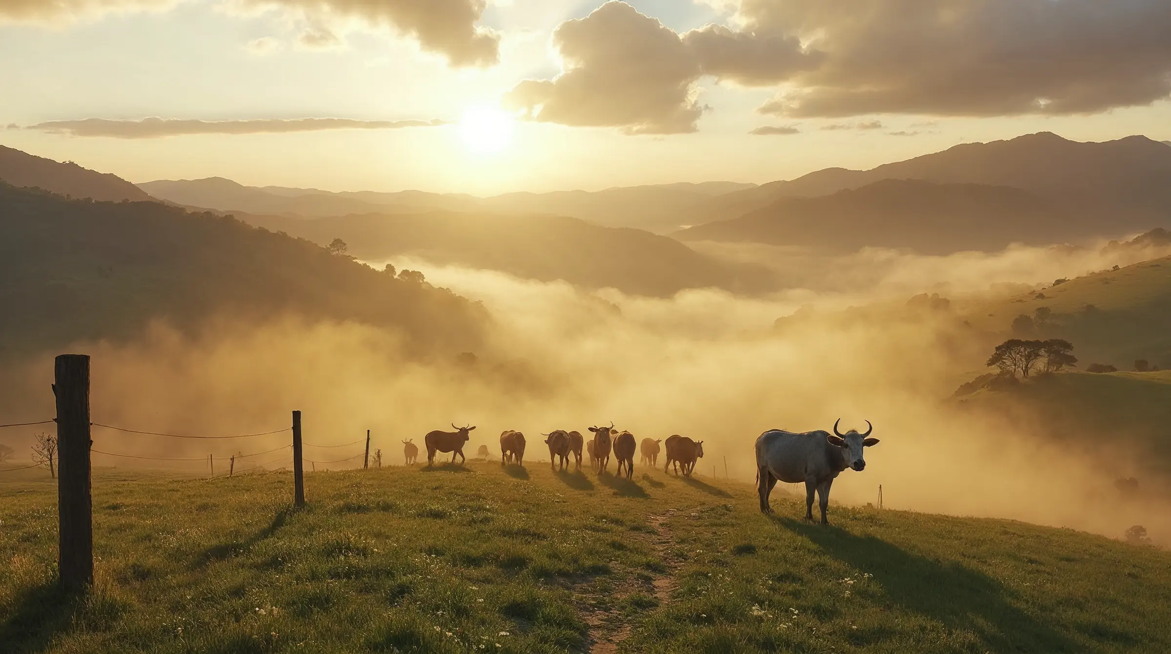 Nascer do sol dourado sobre pastagem mineira com gado no alto da colina e névoa no vale